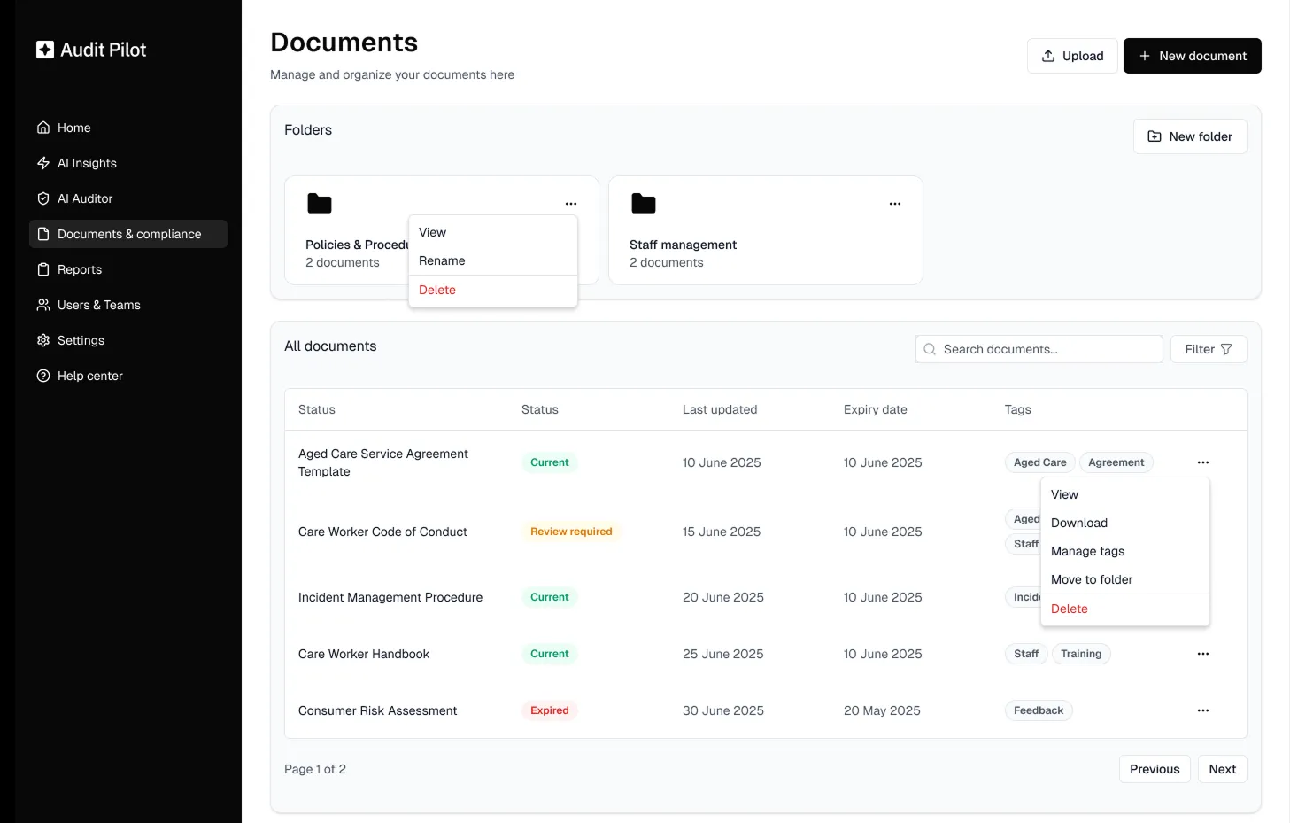 The document library showing policy status and expiry dates